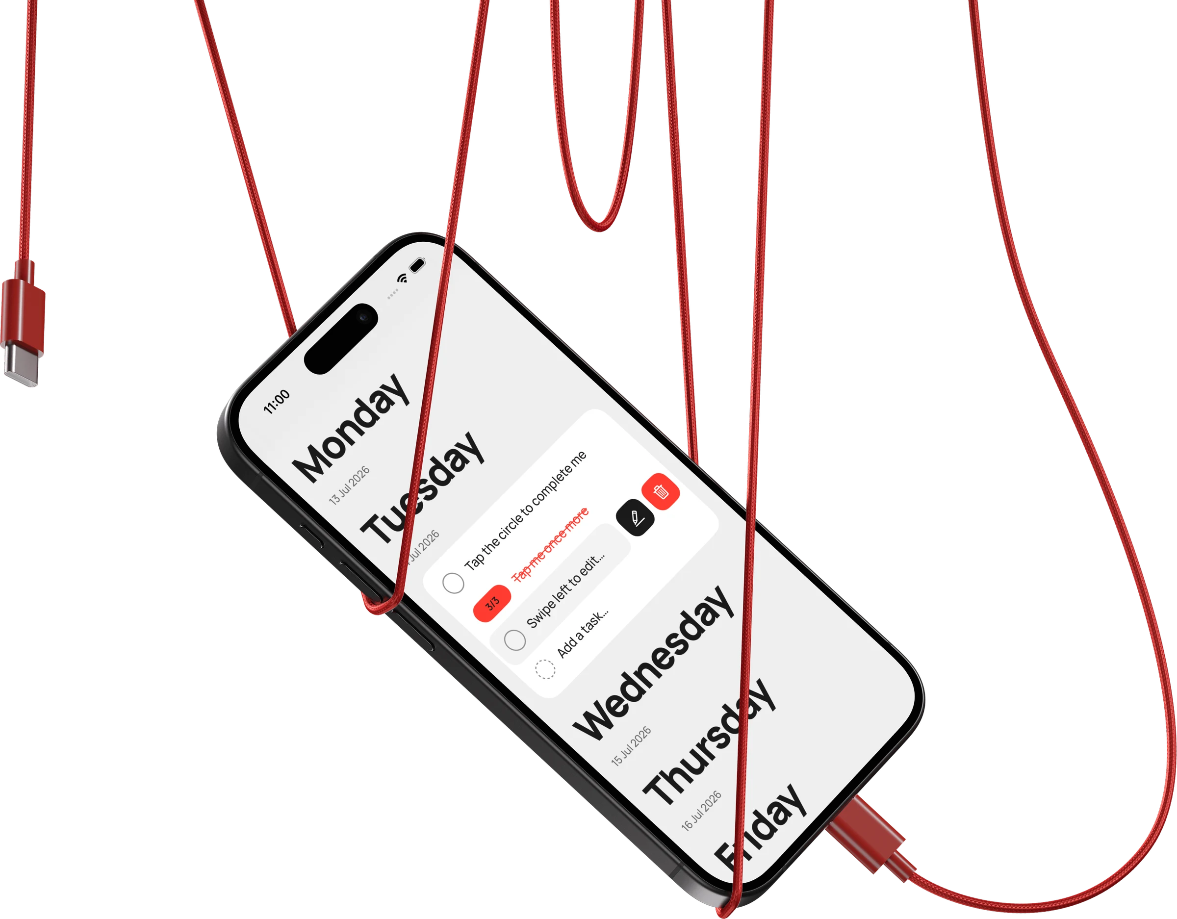 A tilted iPhone running TUGAS — a week view, Monday to Friday — with red USB-C cables draped around it on a dark background.